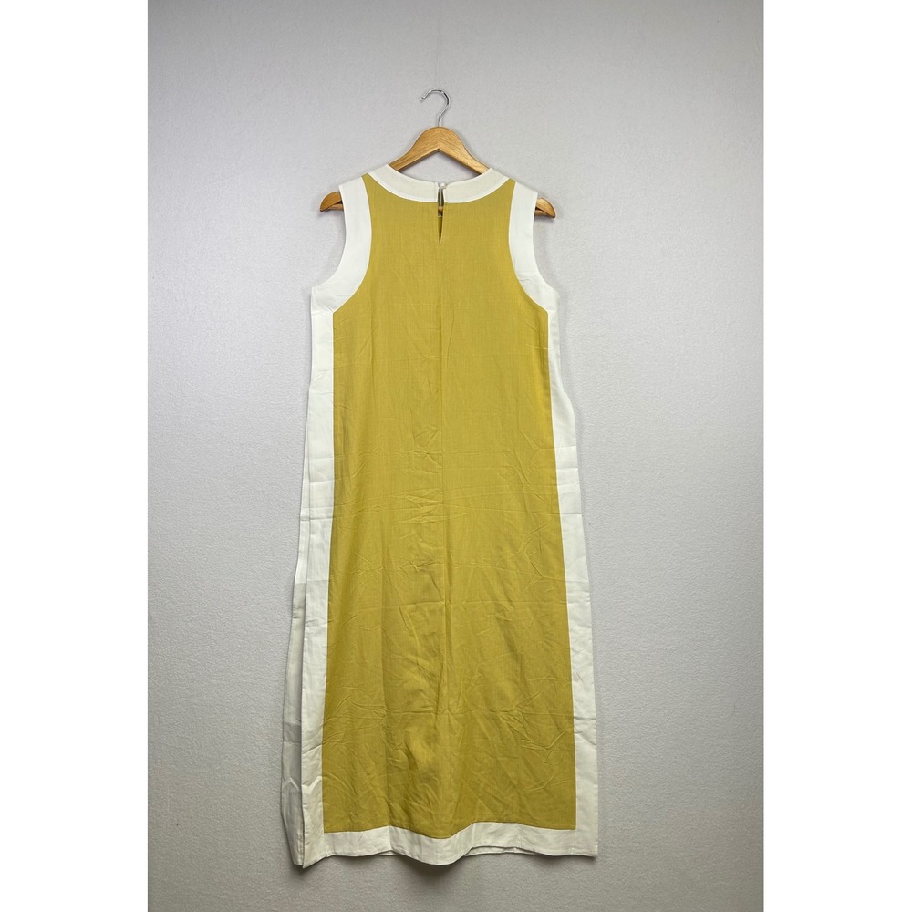 Fashion Clothing Sleeveless Midi Dress Mustard Yellow White Paneled Round Neck S - Picture 8 of 10
